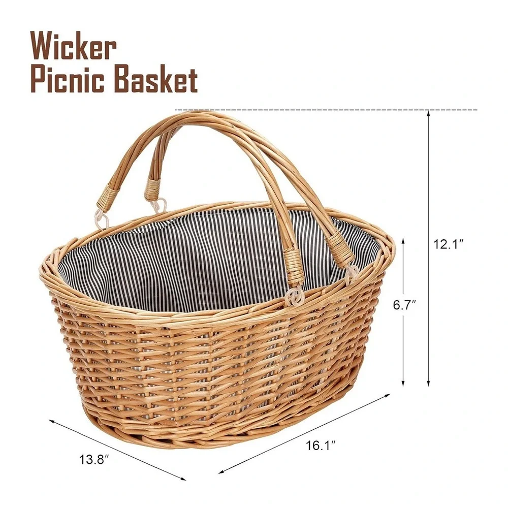 Wicker Picnic Basket with Double Folding Handles Natural Large Willow 16x14x7